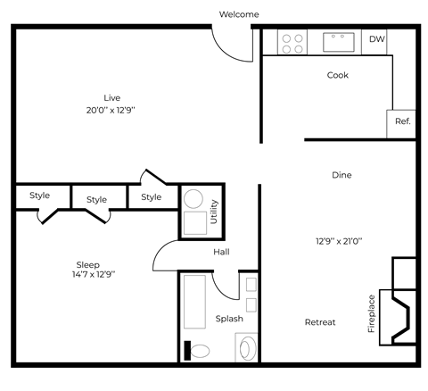 Floor plan for 1 bed, 1 bath, 791 sqft